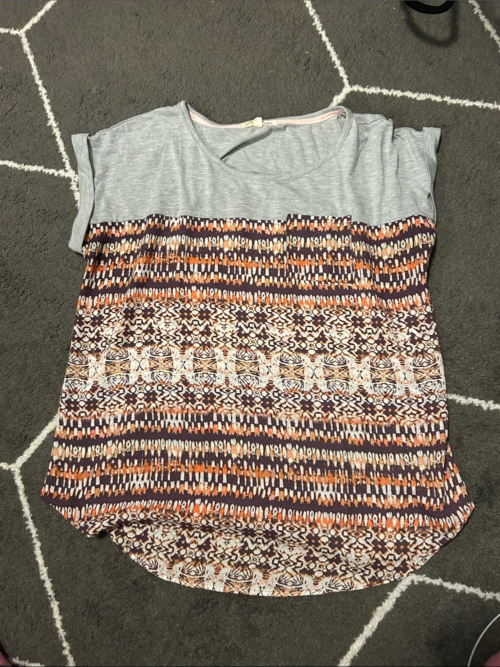 Rewind Gray Top with Orange and purple Patterned Body